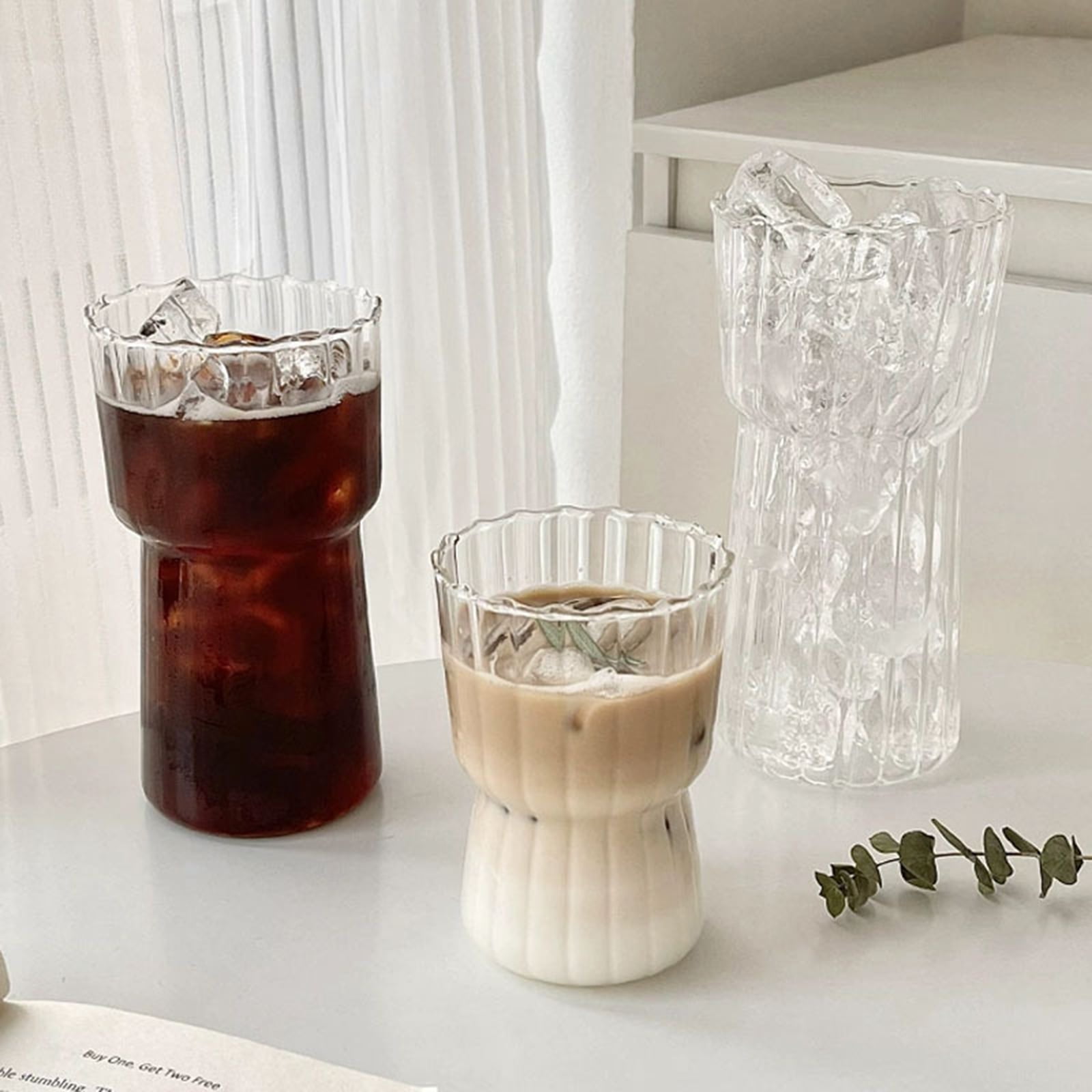 MEFFEE Tumbler Stripe Glass Cup, Vintage Glassware, Elegant Ribbed Glass Tumblers, Ribbed Glass Drinking Jars, Coffee Cup with Lid and Straw