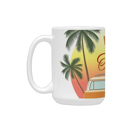 

Surf Decor Retro Surf Van With Palms Camping Relax Hippie Travel Be Happy Free Sixties Theme Orange Ceramic Mug (15 OZ) (Made In USA)