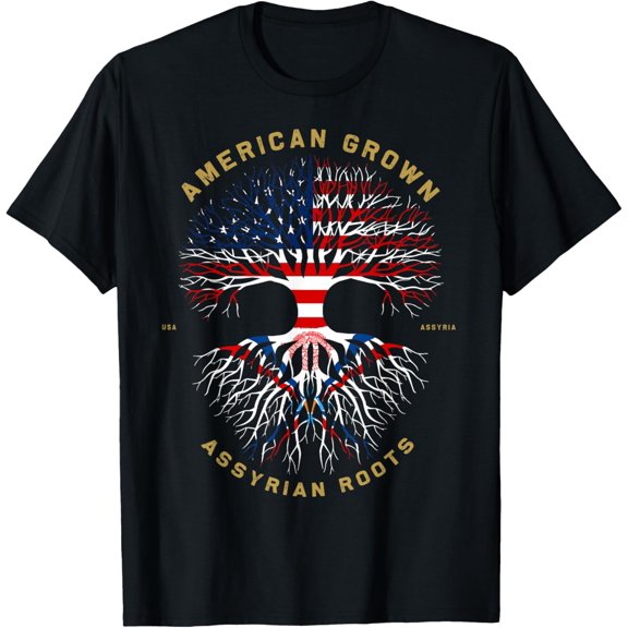 American Grown With Assyrian Roots Tree USA Flag Gifts Idea T-ShirtMen's and women's gift, black and white T-shirt, size: Extra large S-4XL