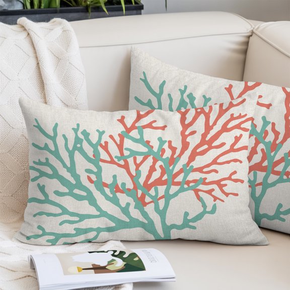 Teal Red Coral Lumbar Pillow Covers 12x20 Inch, Summer Ocean Nautical Coastal Rustic Burlap Decorative Pillowcase with Zipper, Microfiber Pillow Protector Throw Pillowcases for Couch Sofa Bed