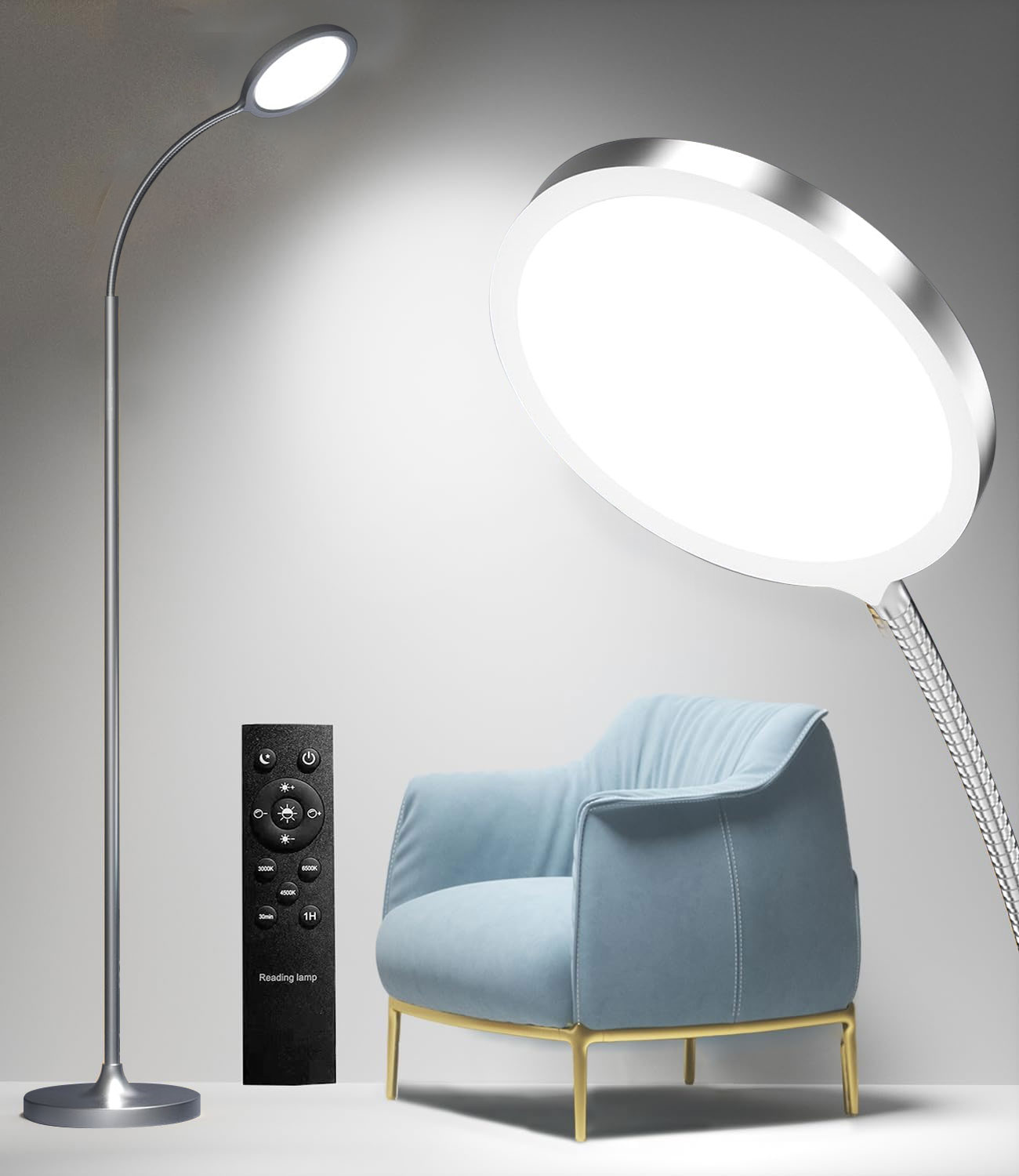 Keepsmile Silver LED Floor Lamp: Super Bright, Dimmable, Adjustable Gooseneck, Custom Color Temperature. Remote & Push Button Control. Perfect for Living Room, Bedroom, Office.