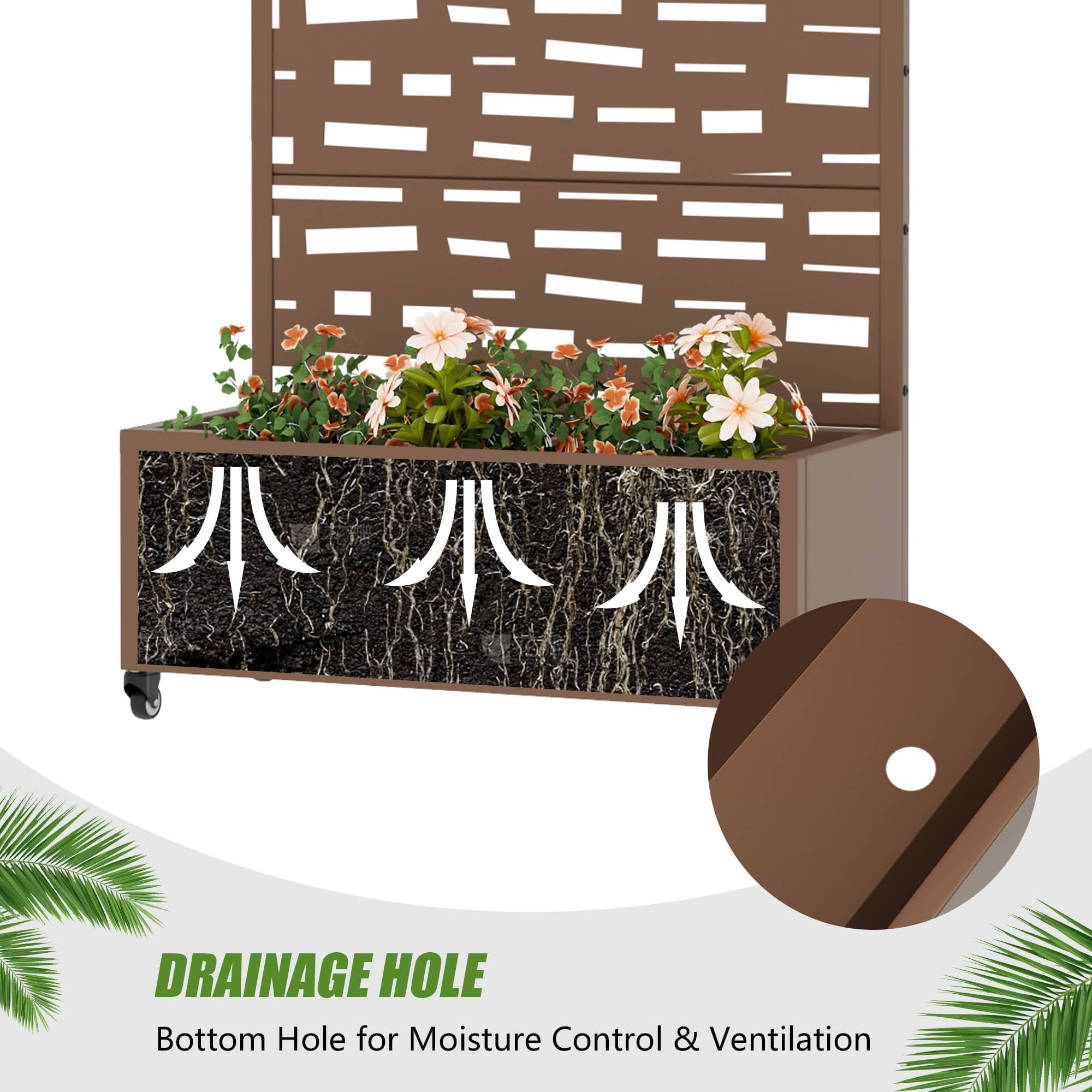MAYEERTY 72X35" Metal Outdoor Brown Privacy Screen with Planter Box for Backyard & Garden, 5 Piece Set