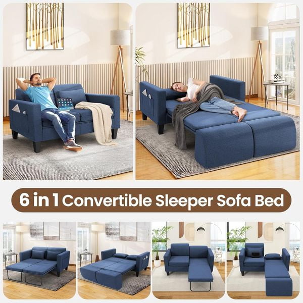 Sailvan 58" 6-in-1 Convertible Sofa Bed, Linen Pull Out Sleeper Couch with Storage & 2 Pillows, Loveseat for Small Spaces, Apartments, Studio, Blue