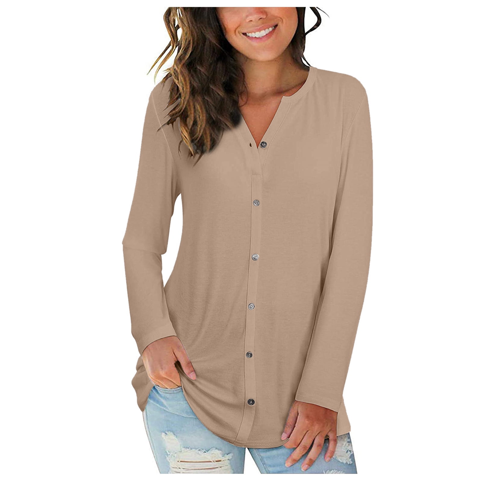 V Neck Tops Long Sleeve Button Cardigan Casual Womens Loose T-Shirt Blouse Down 