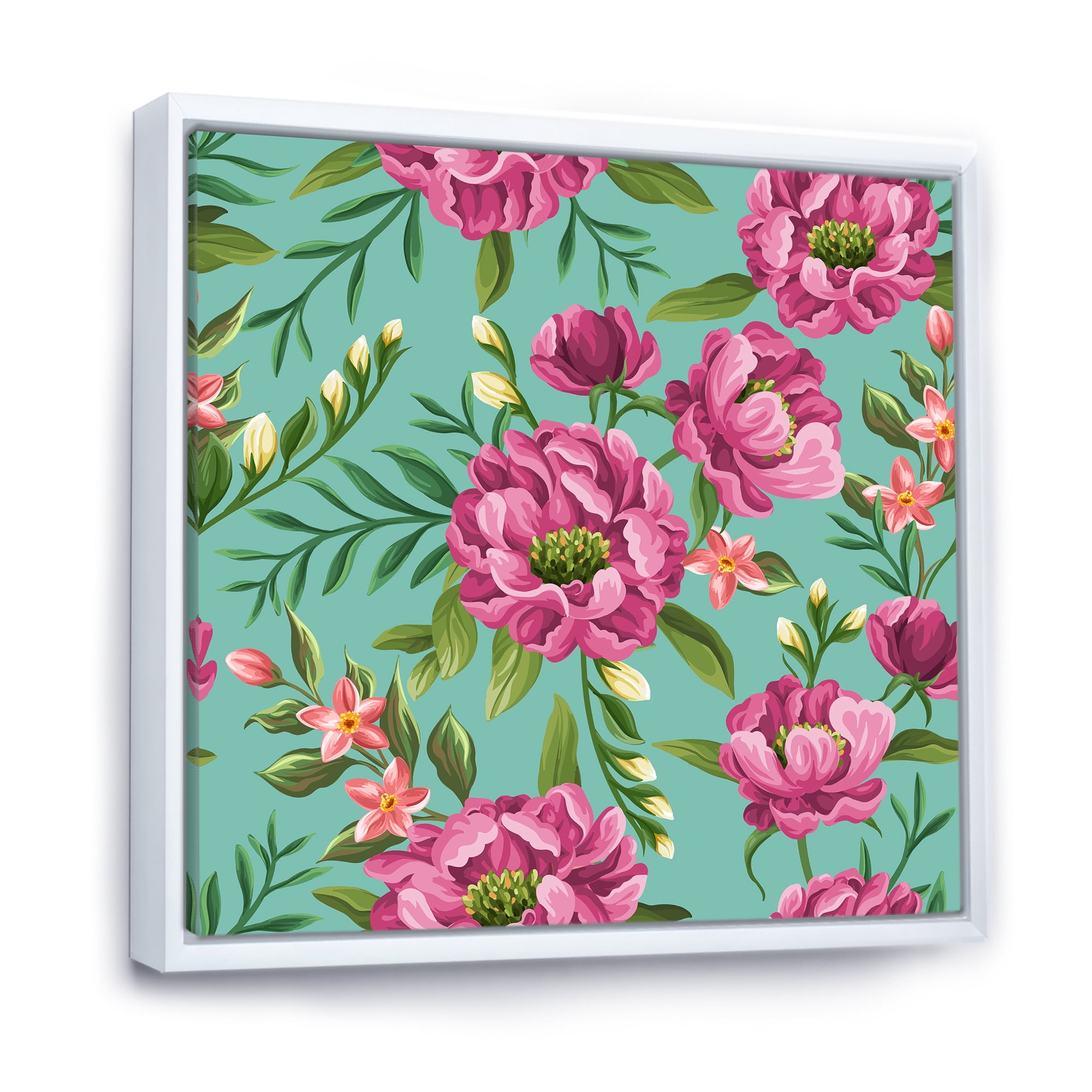 Fuchia Pink Flowers On Green VIntage 36 in x 36 in Framed Painting Canvas Art Print, by Designart
