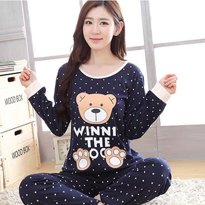 

Autumn Thin 2pieces Pyjamas Set Women Sleepwear Lovely Home Suits Round Neck Girls Teacup SleepwearLong Sleeve Pajamas