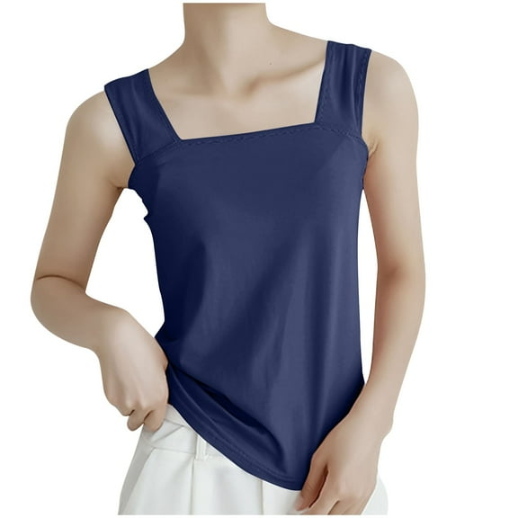 Wyobmus Summer Women Tank Tops Casual Sleeveless Camisole Shirt Loose Fit Square Neck Basic Shirt Solid Color Tops Dark Blue