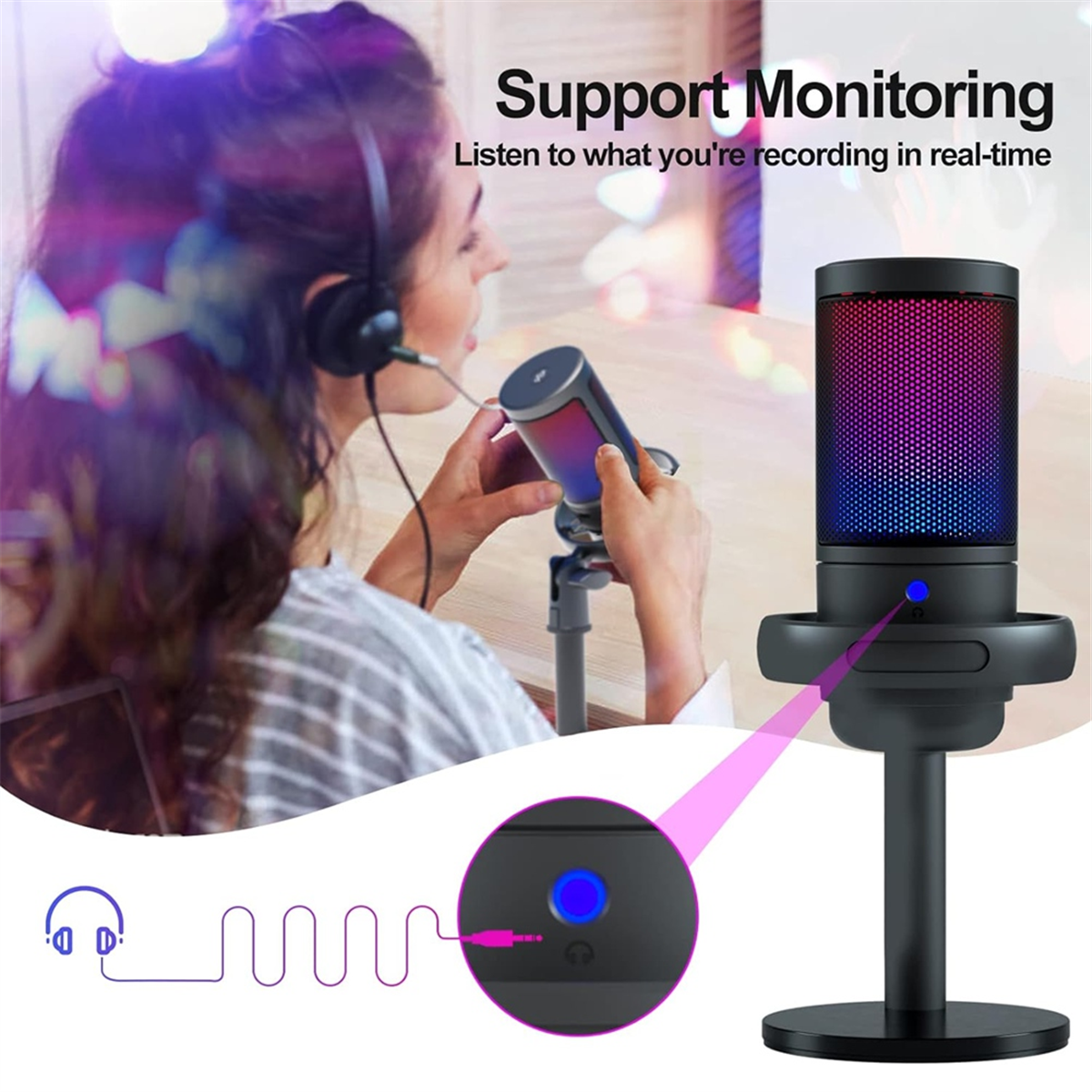 USB Condenser Metal Microphone Professional Recording Streaming with RGB Light Desktop Podcast Microphone