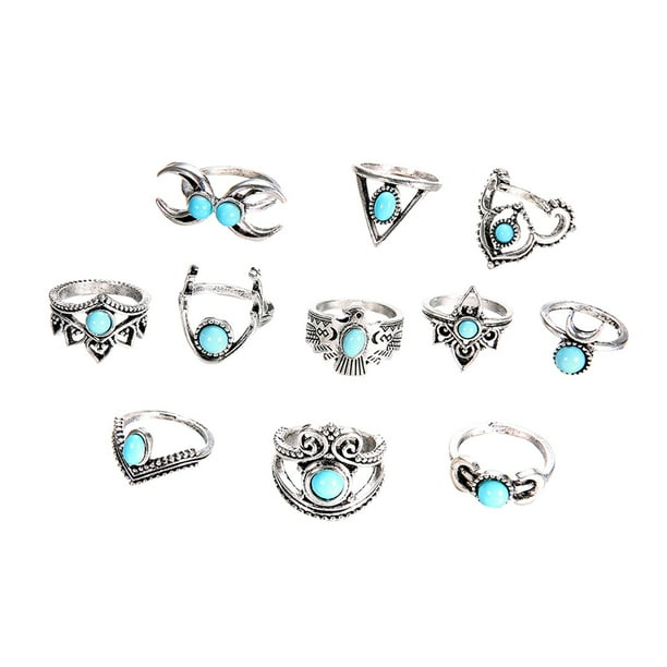 11Pcs Boho Geométrica Turquesa Anillo Set para Mujeres Retro Vintage Anillos de Plata Pila Set de moda Anillos de Plata para Chicas Adolescentes