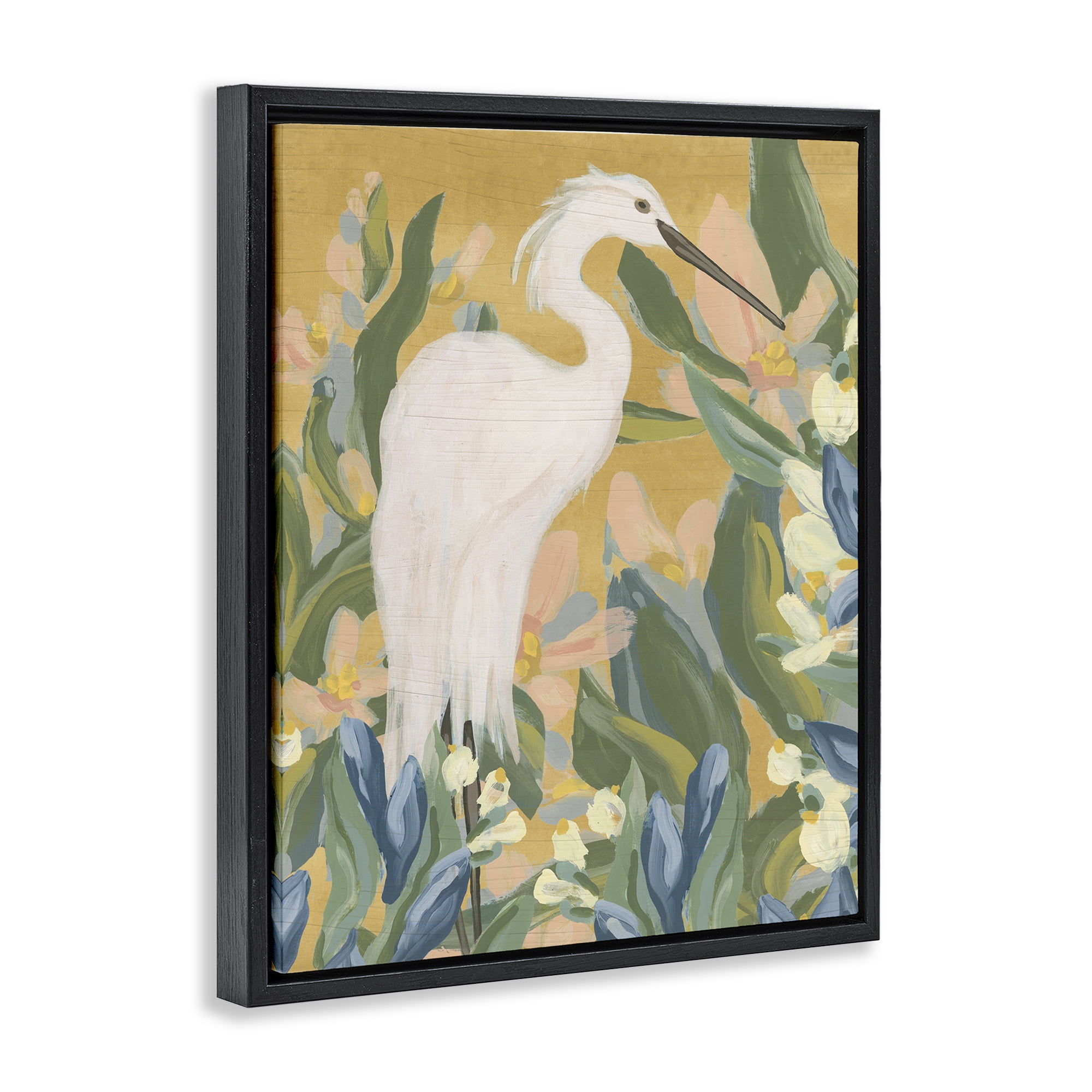 Stupell Industries Egret & Lake Vegetation Animals & Insects Painting Black Floater Framed Canvas Art Print Wall Art, 17 x 21