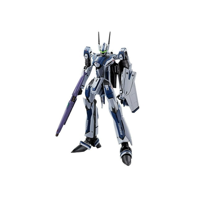 bandai vf-25f súper messiah valkyrie revival alto saotome Figura DX Chogokin de 34 cm, vista frontal 3/4 de la mecha azul y blanca con casco de piloto, cañón largo violeta en el brazo derecho, escudo en el izquierdo, antenas y paneles articulados visibles, incluye base y accesorios, edición de colección en caja original. Su tamaño compacto la hace adecuada para exhibir en vitrinas de coleccionista.