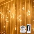 thumbnail image 1 of Cortina de luces LED de 3,5 m con estrellas y luna, control remoto, 8 modos de parpadeo para jardín y hogar, blanco cálido, 1 of 5