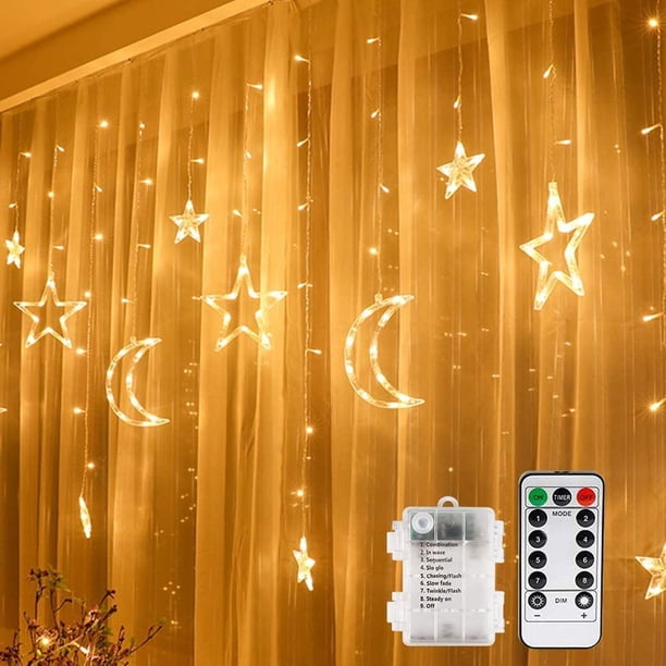 Cortina de luces LED de 3,5 m con estrellas y luna, control remoto, 8 modos de parpadeo para jardín y hogar, blanco cálido