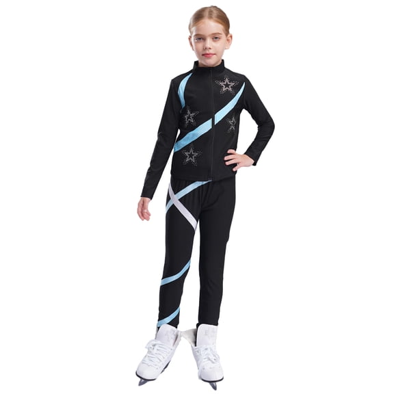 Zaldita Kids Girls Figure Skating Training Suit Ice Skating Jacket Coat with Practice Leggings Pants Set Dancewear Light Blue 10