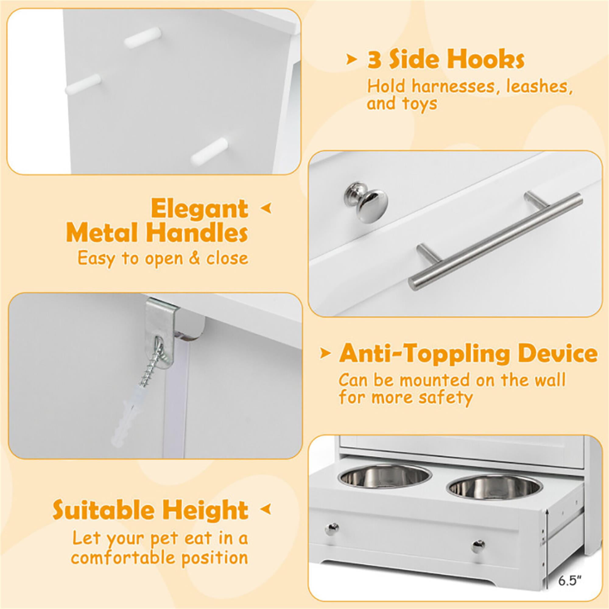 resenkos 32" Dog Feeder Station with Stainless Steel Bowl, Dog Food Storage Container, Pull Out Pet Food Cabinet, White