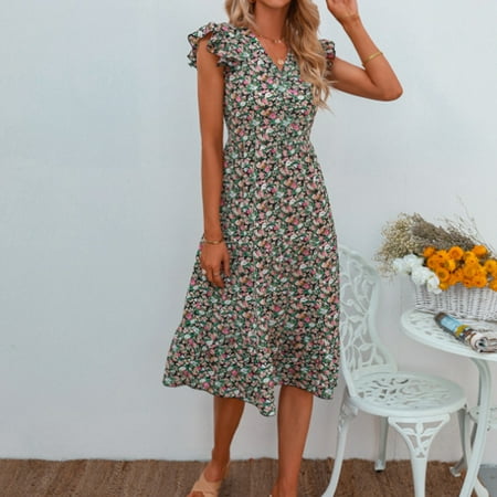 

Bxingsftys Short Sleeve Floral Print Summer Midi Dress V-Neck Beach Dresses Women Elegant