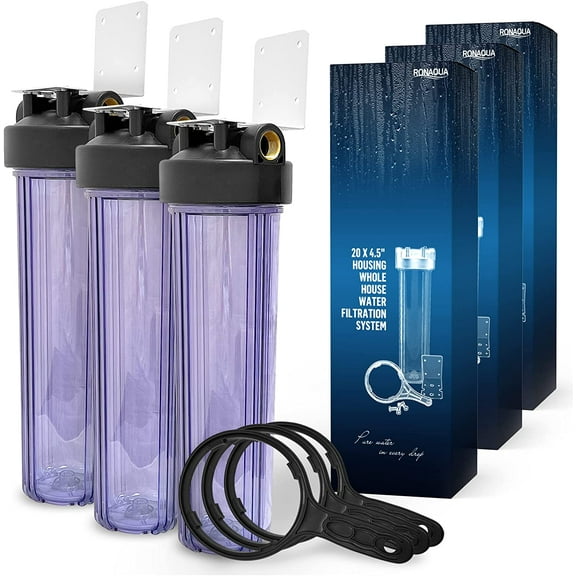 High Capacity 20 x 4.5” Whole House Filter Purifier System for Well or City Water, Presser Relief Button, 1” NPT Brass Port, Double O-ring, Meets NSF Standards & Regulations (Transparent, 3 Sets)