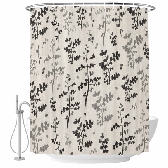 Black Grey Botanical Shower Curtain, Waterproof Shower Curtains for Bathroom, Rustic Country Spring Floral Summer Leaf Washable Fabric Bathtub Curtain Set Bath Decor with 12 Hooks 72"x78"