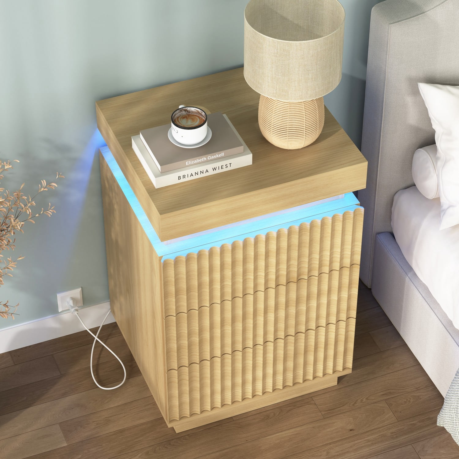 Set of 2 Natural Nightstands with Charging Station & LED Lights, Fluted Wave Panel Bedside Tables with Hidden Sliding Top Storage, 3 Drawer Night Stands for Bedroom & Living Room