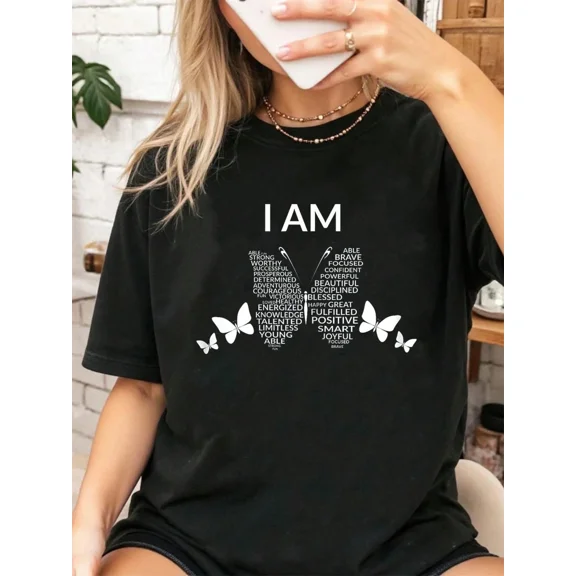 Women's Butterfly Affirmation Graphic T-Shirt, Positive Inspirational Words Black Short Sleeve Tee