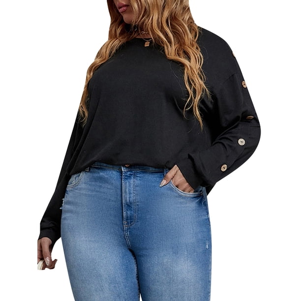 Camiseta mujer, Camiseta de manga larga para mujer Sudadera con hombros caídos Tallas grandes Casual Abody Negro/3X-grande