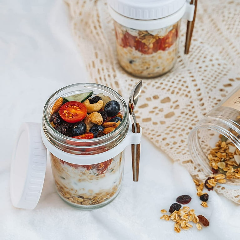 Overnight Oats Containers Glass Mason Jars 10 oz Lid and Spoon
