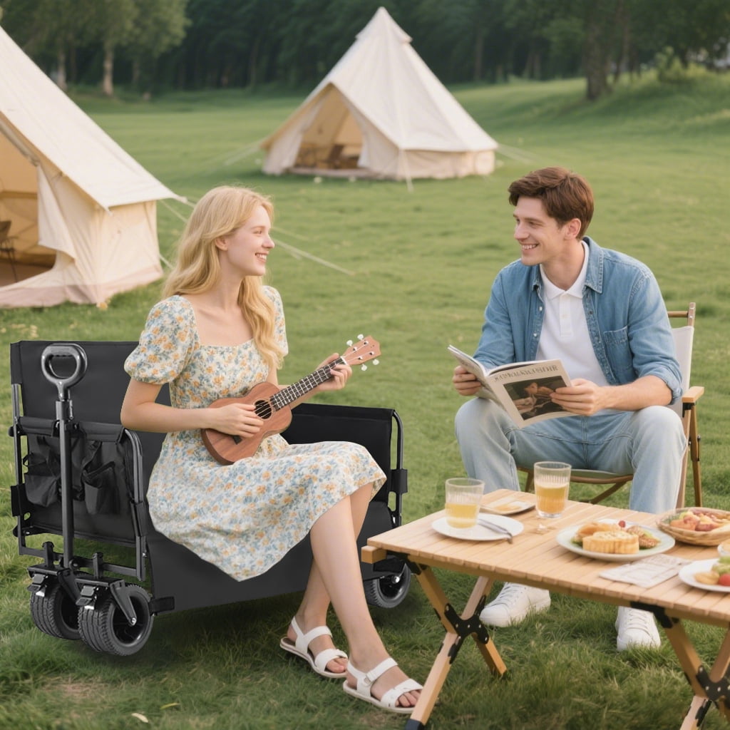 Wagon Cart, Collapsible Wagon,Sports Wagon with seats  Sofa cart & Cup Holders, 445 lbs Capacity, for Garden/Camping Use,Black