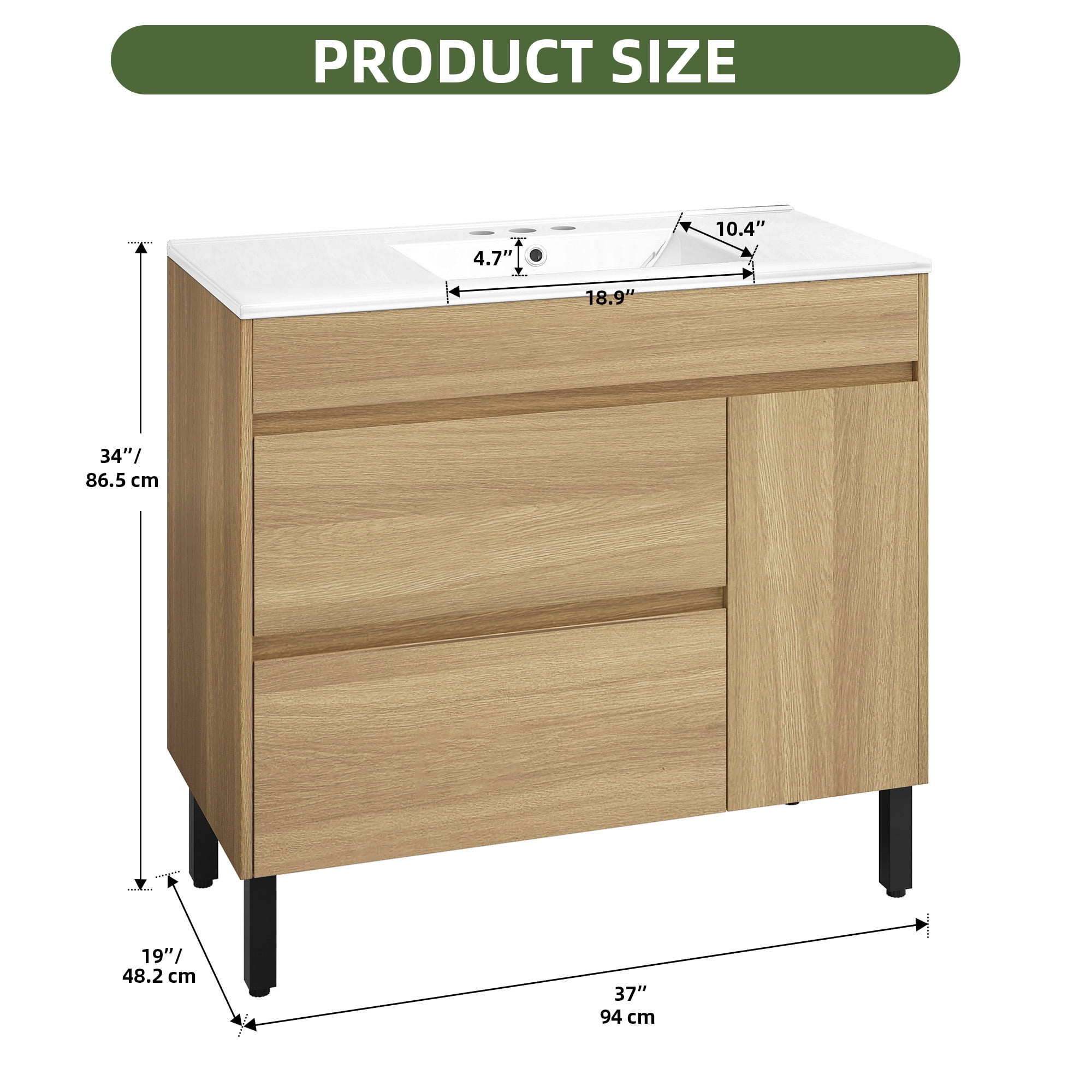 Uforic 36 Inch Bathroom Vanity with Sink, Freestanding Storage Bathroom Vanity for Media Space, with 1 Soft Closing Cabinet & 2 Drawers, Natural Brown, Mid-Century Modern