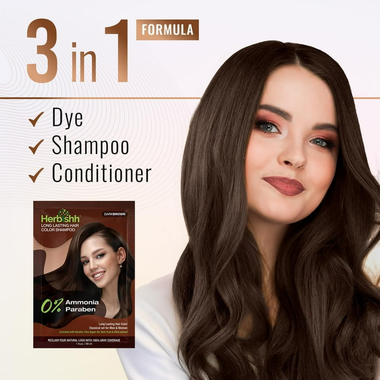 3 pack) Herbishh Dark Brown Hair Color Shampoo for Gray Hair, 3-in