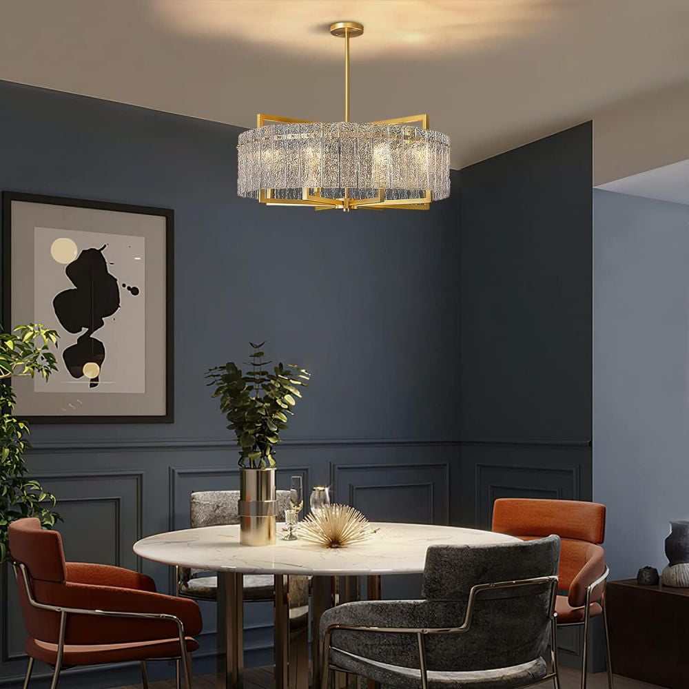 HOOMEDELIER 33.5" Modern Drum Crystal Chandelier Lighting with Glass Shade, 8-Light Gold Luxury Pendant Ceiling Light Fixture for Indoor