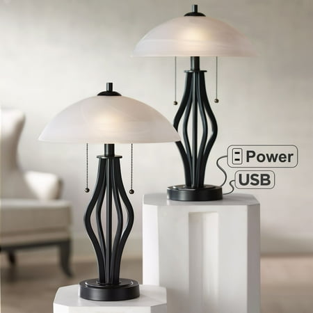 360 Lighting Modern Accent Table Lamps Set of 2 with USB Port and Outlet Dark Metal Base Glass Dome Shade for Living Room Bedroom