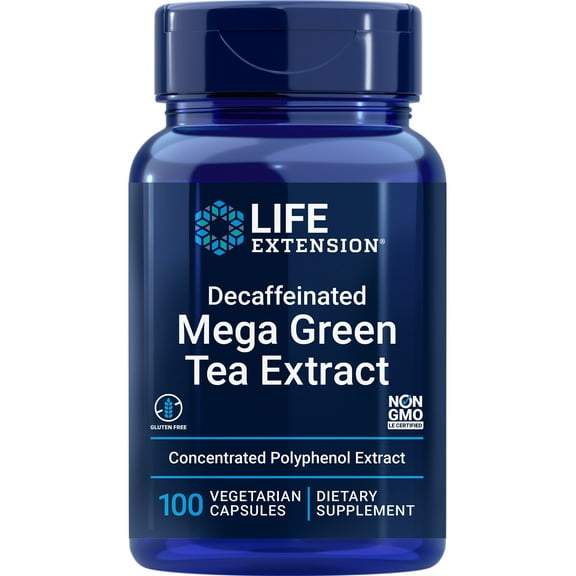Life Extension Decaffeinated Mega Green Tea Extract – Polyphenol-Rich, Cell Health, Heart Health, Brain Health, Antioxidant Protection – Non-GMO, Gluten-Free, Vegetarian – 100 Capsules