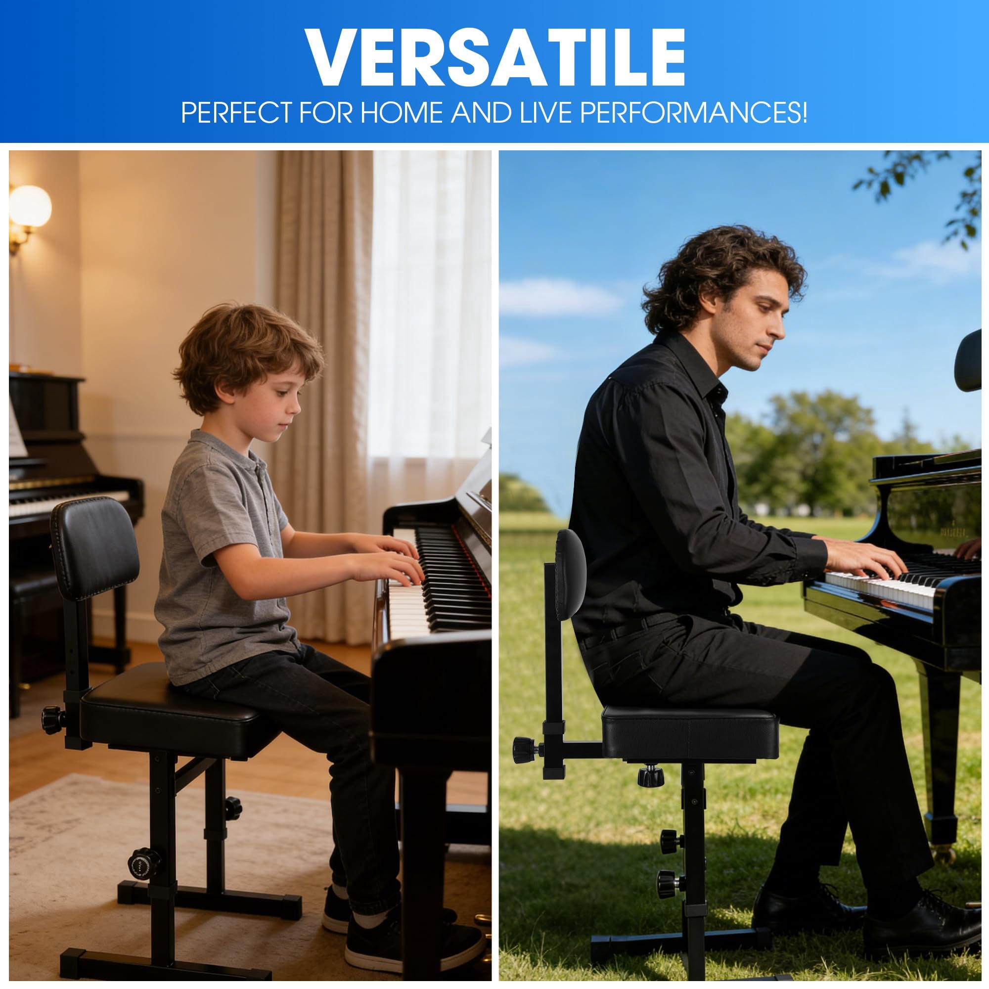 Piano Bench Adjustable Height Stool Keyboard With Black Padded Cushion For Musicians Chair Backrest (pu Leather)