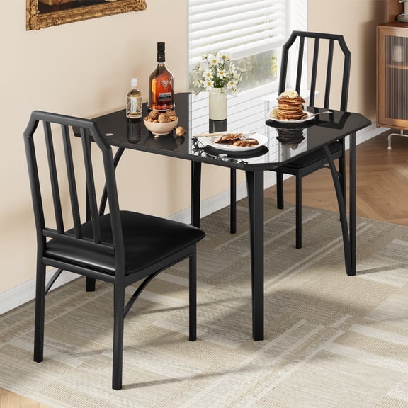 Kicctian Black Glass Dining Table Set for 2 – Cushioned Chairs – Space-Saving Furniture for Apartments or Small Spaces
