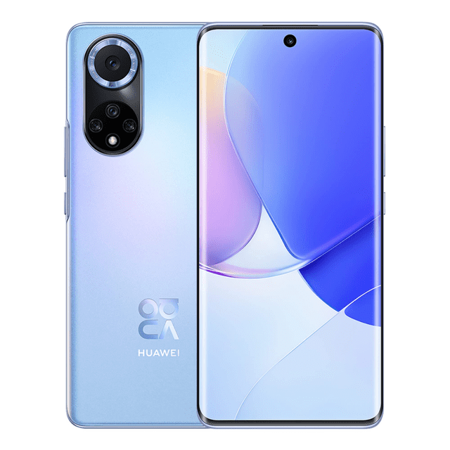 huawei nova 9 128gb azul reacondicionado teléfono desbloqueado, vista frontal y posterior centrada con pantalla curva y cámara frontal perforada; reverso azul degradado con módulo ovalado de tres lentes y logo Huawei, incluye caja y cable alternativo, probado y reparado, adecuado para fotografía móvil y uso diario.