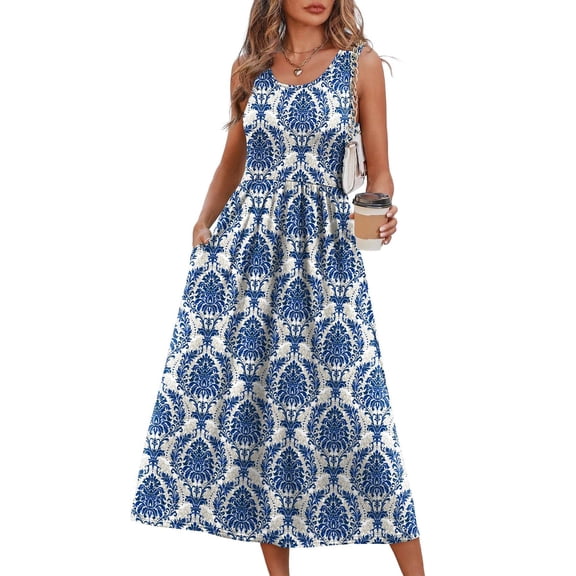 DHFJKG Summer Dresses Women Beach Boho Sleeveless Long Dress Scoop Neck Floral Printed Maxi Dress Flowy A Line Vacation Clothes Versatile Dresses