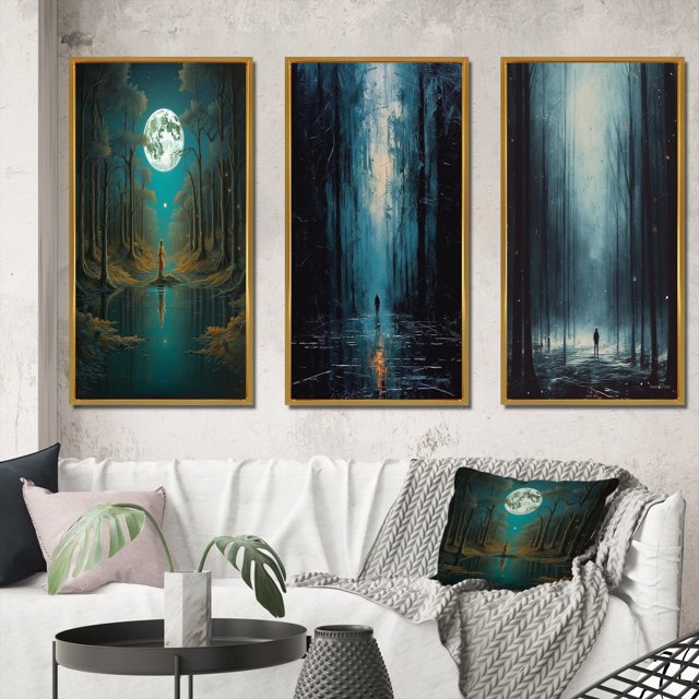 Designart "Solitude in the Endless Forest Full Moon Wandering" Forest Framed Wall Art Set Of 3 - Blue Traditional Frame Gallery Wall Set For Home Decor