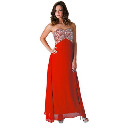 Faship Womens Crystal Beaded Full Length Evening Gown Formal Dress Red -