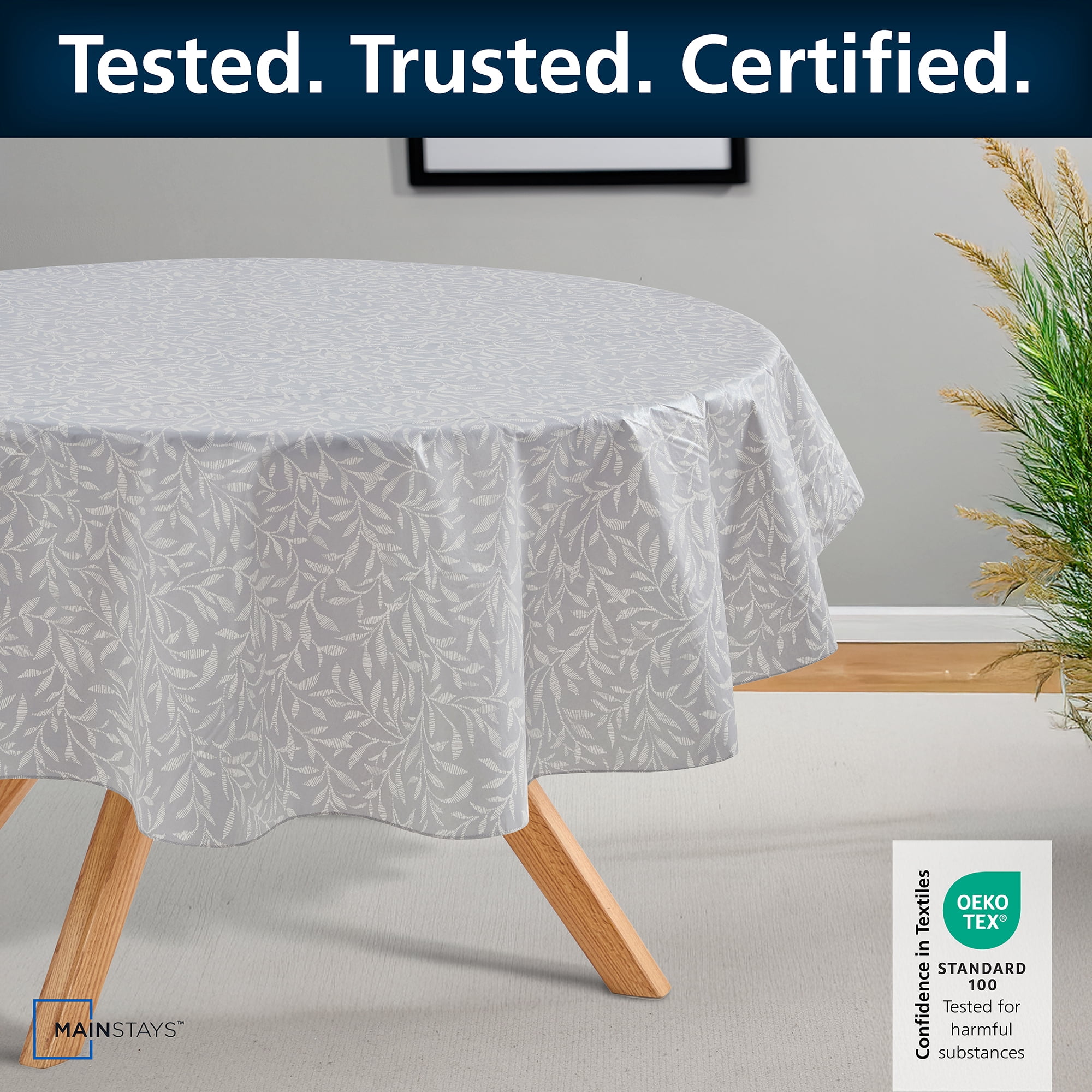 Mainstays PEVA Everyday, Indoor & Outdoor Tablecloth 70" Round, Grey Leaf