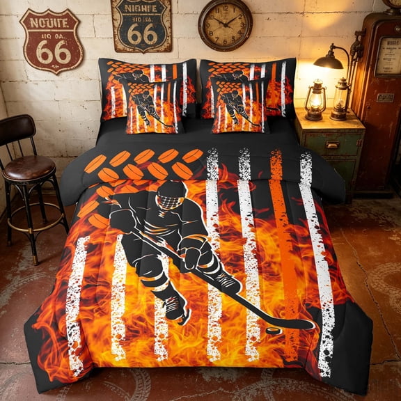 Manfei Hockey Player Twin Bedding, Sport Patriotic USA Flag Bedding Comforter Set, Orange Black, Black Reversible 7pcs