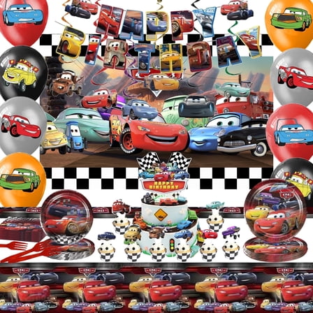 104pcs C-ars Birthday Party Supplies - Balloon Decorations, Banner, Backdrop, Cake & Cupcake Toppers, Tablecloth