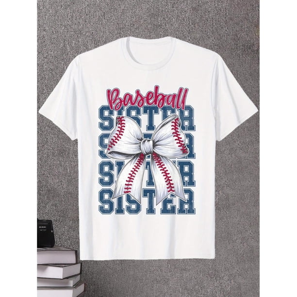 Camiseta gráfica Baseball Sister: camiseta de verano de algodón suave, top informal de manga corta con diseño de lazo coqueto, regalo perfecto para fanáticos de los deportes y