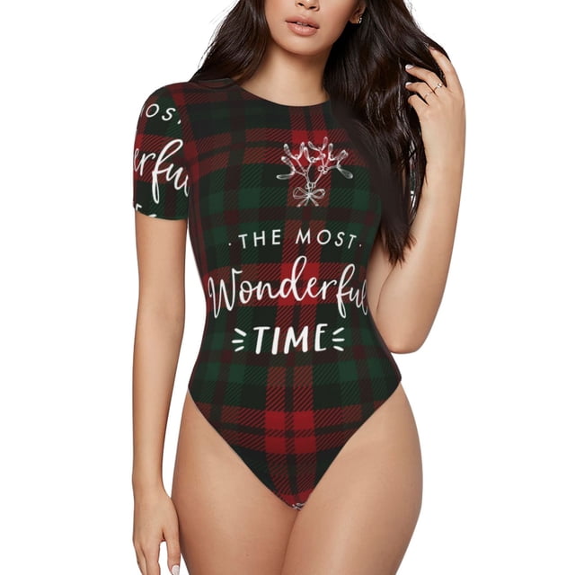 Fotbe Wonderful Time Christmas Body de Mujer con Cuello Redondo y Mangas Cortas, Sin Mangas Ajustado, Suave, Cómodo y Básico-X-Large