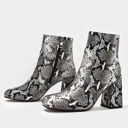 

Women‘s Ankle Boots And Booties Snakeskin Print Side Zip Short Boots Square Toe Chunky Heeled Pumps