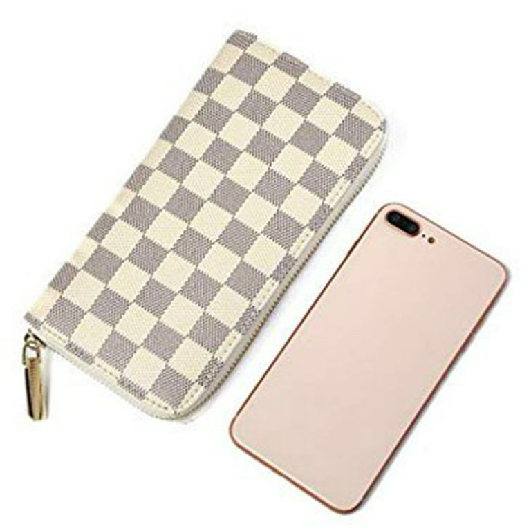 Checkered Zip Around Wallets for Women, Lady Phone Clutch Holder, PU  Leather RFID Blocking with Card Organizer, Milky White