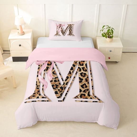 Erosebridal Cute Pink Bow Letter M Twin Bedding, Kids Leopard Print Duvet Cover Set, 1 Duvet Cover and 1 Pillowcase (No Comforter)