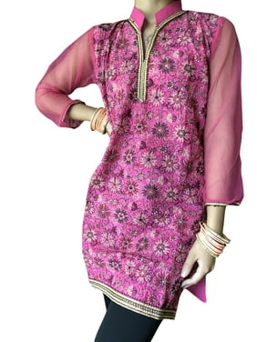 Mogul Women Pink Tunic Blouse Floral Embroidery Summer Ethnic India Tunic Dresses S