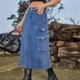thumbnail image 5 of JNGSA Women's Summer/Fall Denim Skirt with Pocket Casual High Waist Mid Length Skirt Cargo A-Line Jean Skirt Blue, 5 of 8