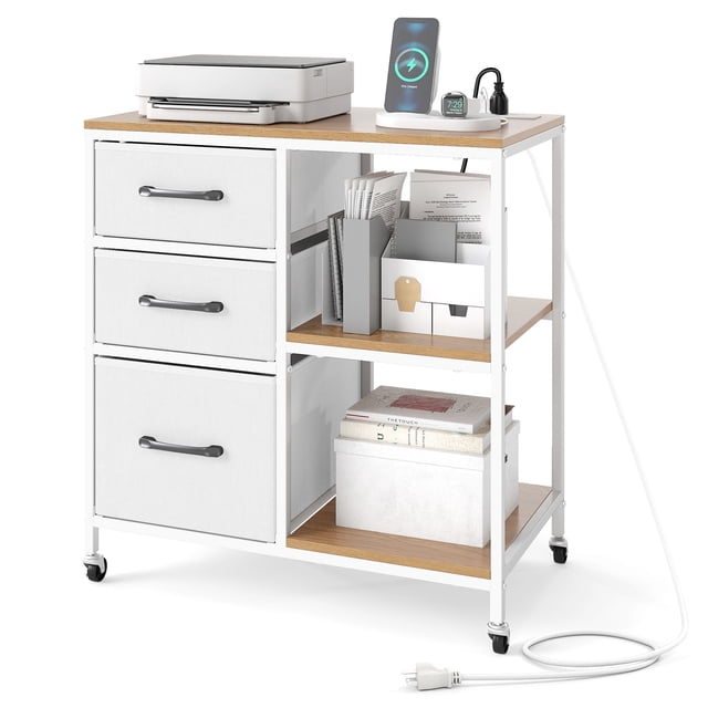 Gymax 3 Drawer Mobile File Cabinet w/Charging Station Open Storage Shelves for Home