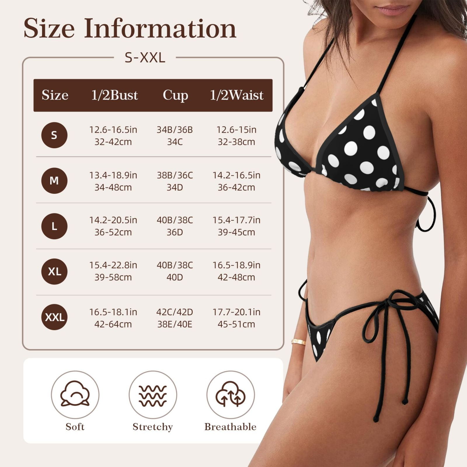 Black and White Polka Dot Print Women's Stretchy Bikini Set Adjustable Straps Two-Piece Swimsuit for Swimming Sunbathing - image 5